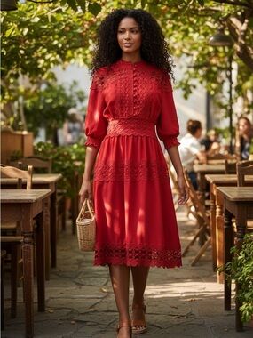 NWOT Scalloped Lace-Trim Midi Dress in Red